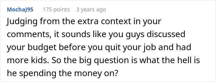 A Reddit comment from user MochaJ95 discussing a man's mysterious spending while having a second family, creating a financial nightmare.