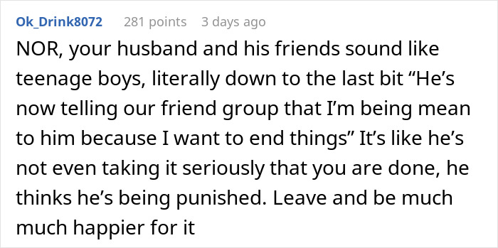 Comment about husband and friends acting like teenage boys in toxic marriage