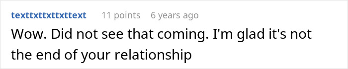 A Reddit comment expresses surprise and relief about a solid relationship, despite an ugly cover-up.