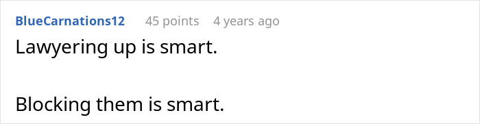 A Reddit comment suggesting legal action and blocking in response to a MIL disowning grandchild over circumcision.