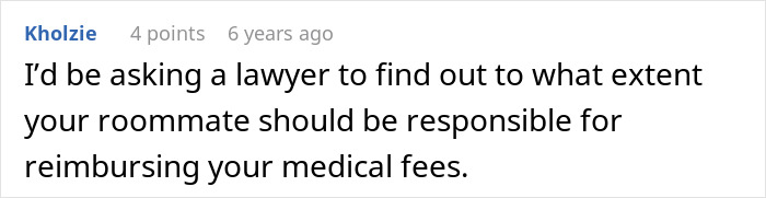 A comment suggesting legal action against a roommate for medical fee reimbursement, related to a woman learning to defend herself.