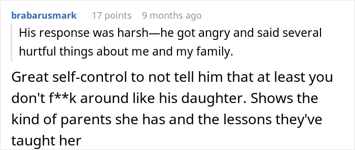 A comment from brabarumark discussing an arranged marriage, highlighting a husband's reaction and a wife's affair.
