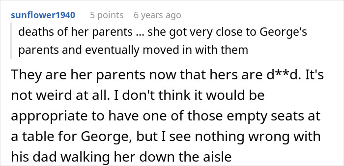 Comment saying late husband's parents are bride's new parents and dad walking her down aisle is fine