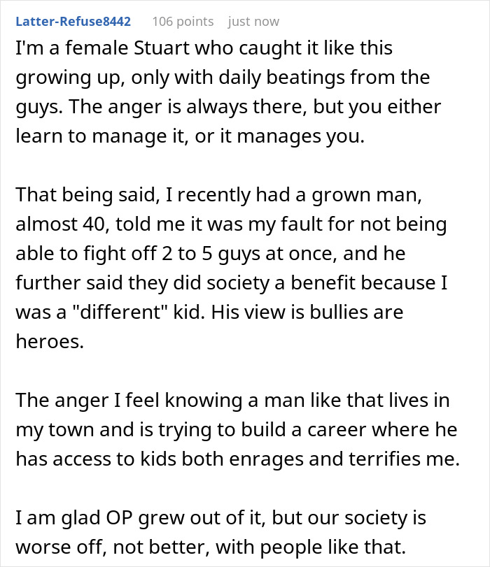 Comment sharing personal experience with bullying and society's view