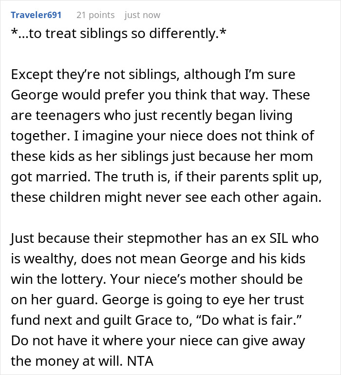 A Reddit post discussing family dynamics where wealthy woman spoils niece, causing stepsiblings jealousy and parent demands.
