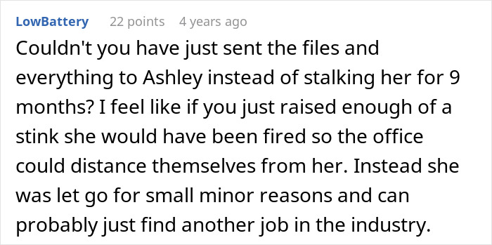 Comment suggesting alternative to stalking in sibling revenge story