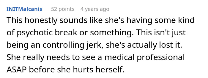 A Reddit comment suggesting the MIL is having a psychotic break, needs professional help, relating to the grandchild circumcision controversy.