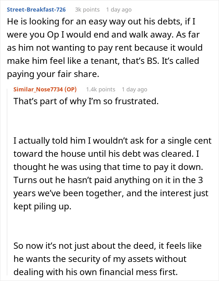 Reddit comments discussing frustration over fianc&eacute;'s debt and rent contributions