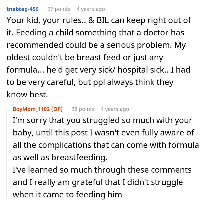 Screenshot of a Reddit discussion about a grandchild, with users sharing experiences related to child feeding and family issues.