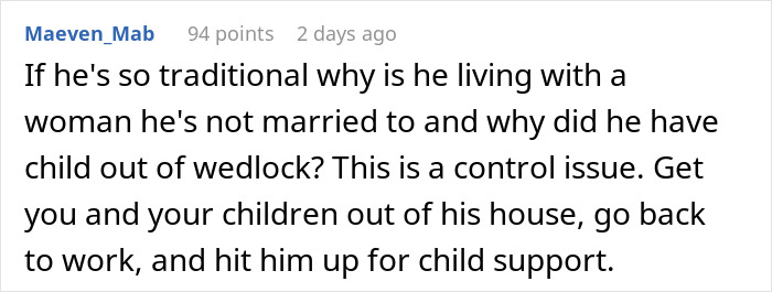 Comment questioning traditional values in relationship with SAHM demands