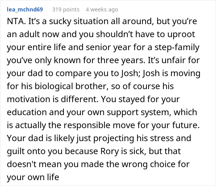 Comment defending teen prioritizing education over family conflicts