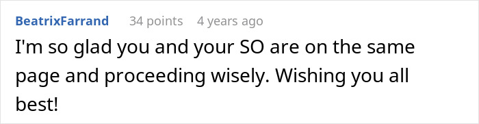 A comment by BeatrixFarrand, wishing the original poster and their SO the best, related to the MIL disowns grandchild topic.