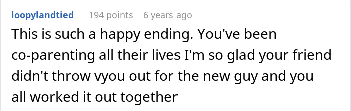Positive comment about happy co-parenting and family support