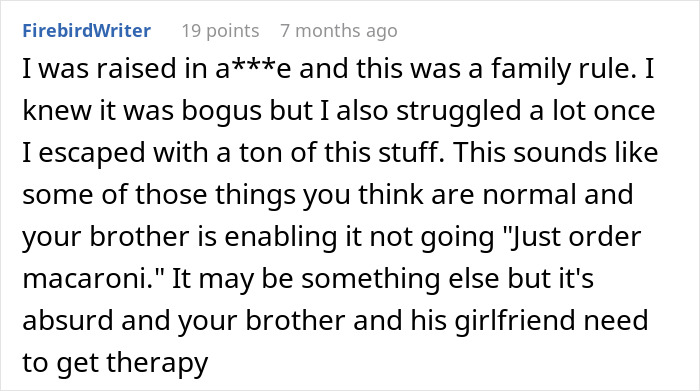 Comment about family rule and need for therapy regarding restaurant orders