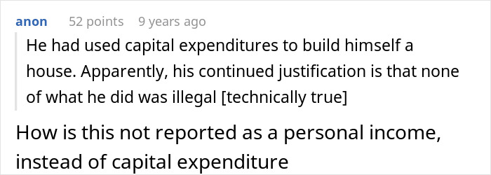 Comment about capital expenditures used to build house in boss story Comment about capital expenditures used to build house in boss story