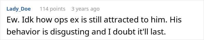 A user comment from Lady_Doe, 3 years ago, expressing disgust for a man who left his wife and kids to find himself.