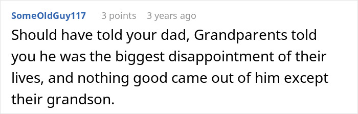 Comment about toxic parents and disappointment related to a grandson