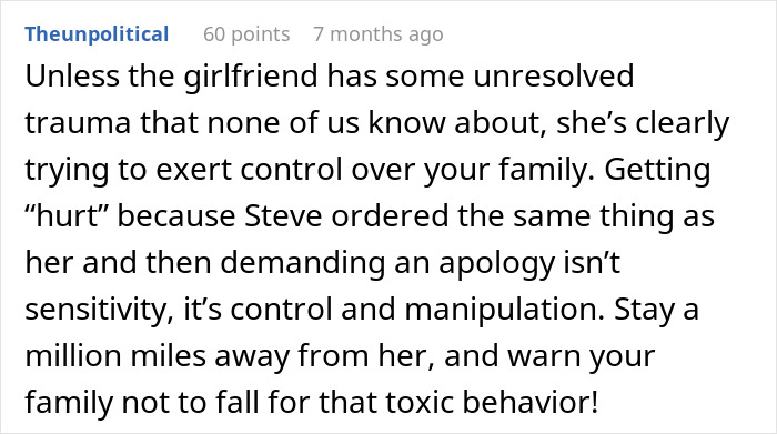 Comment on girlfriend's control issues at restaurant over food orders