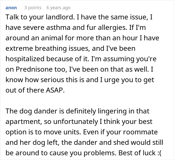 Reddit comment advising a user to defend herself due to roommate putting her life at risk from severe allergies.