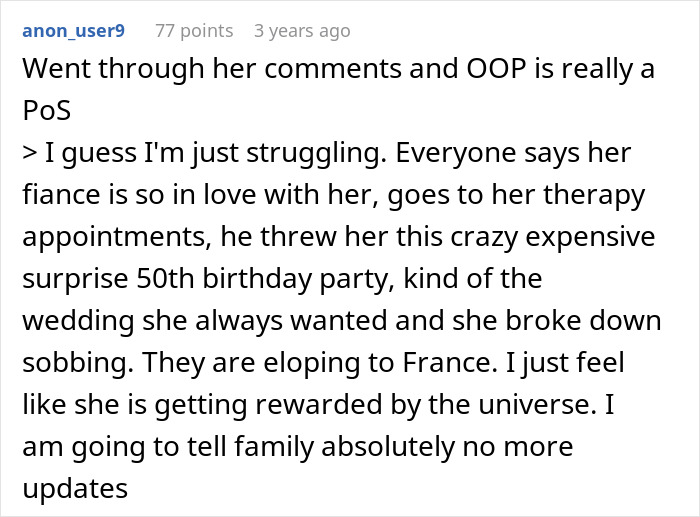 Reddit comment about OOP's fianc&eacute; and $60K wedding celebration