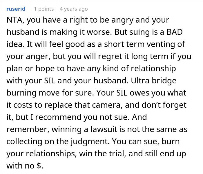 A Reddit comment offers advice against suing a sister-in-law, suggesting it only makes relationship issues worse.