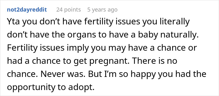 Comment correcting misuse of fertility issues in adoption story Comment correcting misuse of fertility issues in adoption story