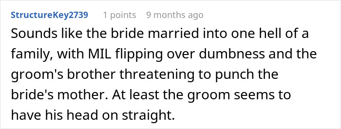 Comment on MIL flipping out and groom's brother threatening bride's mother at wedding Comment on MIL flipping out and groom's brother threatening bride's mother at wedding