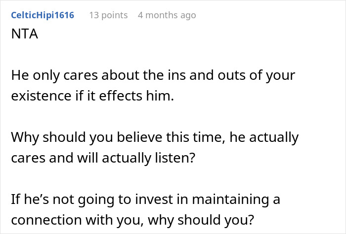 A Reddit comment supports a wife's decision regarding her husband's sudden interest in her job, suggesting he only cares when it affects him.