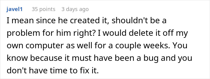 Comment suggesting deleting script from own computer due to bug