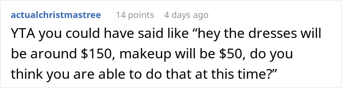 Comment advises discussing bridesmaid expenses openly Comment advises discussing bridesmaid expenses openly