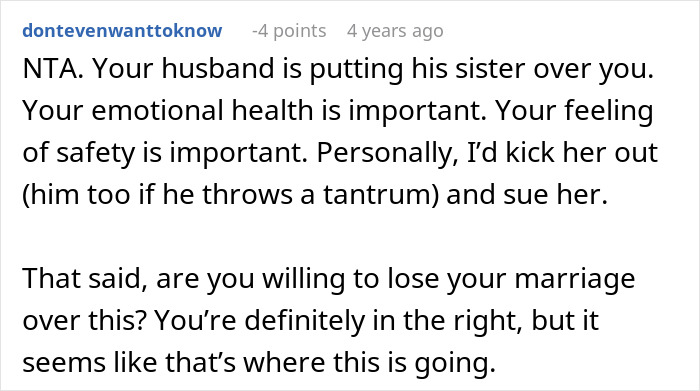 A Reddit comment advises the original poster, "NTA. Your husband is putting his sister over you." A woman threatens to sue.
