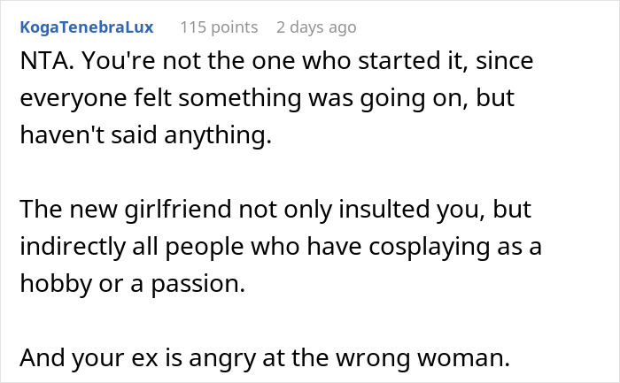 Comment defends cosplayer, says new girlfriend insulted cosplay passion Comment defends cosplayer, says new girlfriend insulted cosplay passion