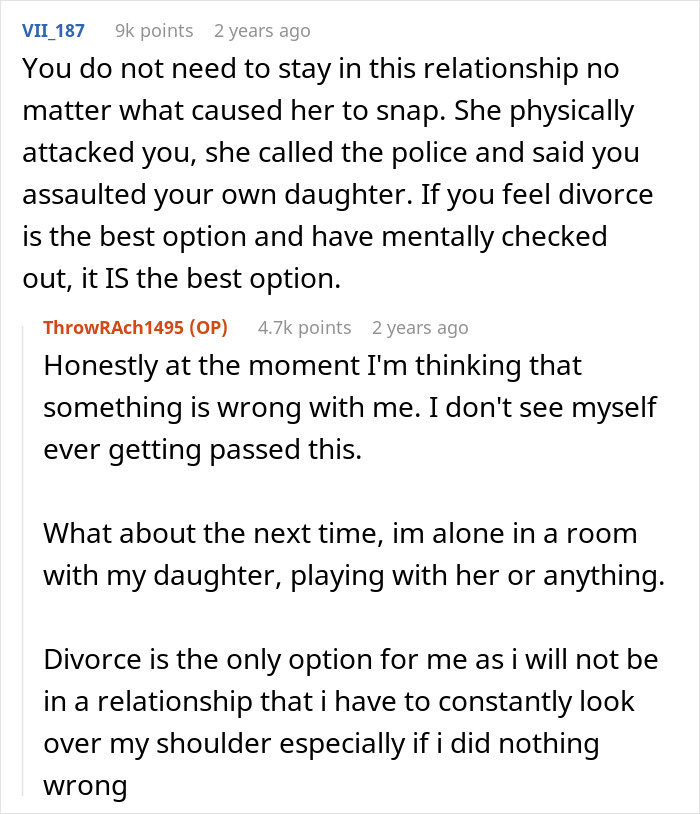 A Reddit post discussing advice for a husband in a troubled marriage after a postpartum wife attack, with divorce papers being served.