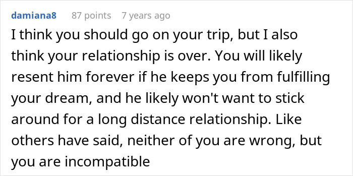A white background with black text offering advice on a woman's dream trip, relationship and impossible choice.