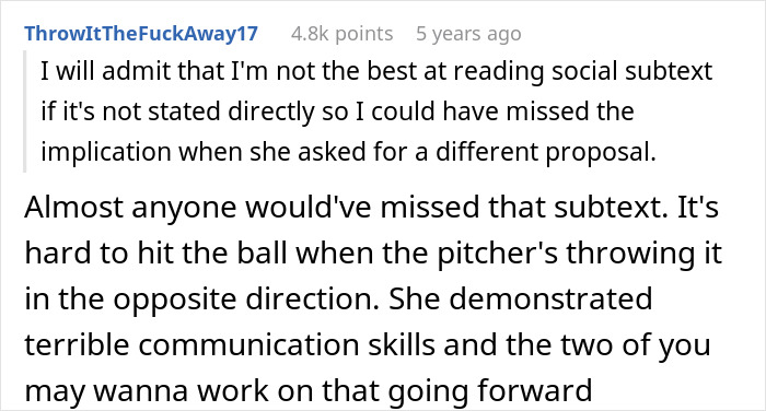 Comment on woman demanding boyfriend propose again showing communication issues with proposals