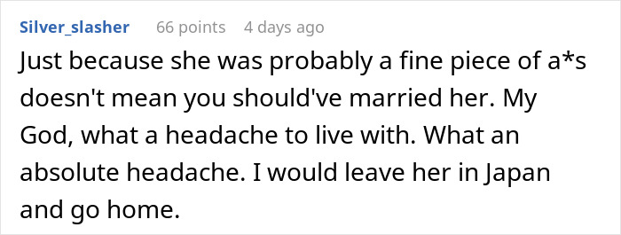 A reddit comment by Silver_slasher, with 66 points, discussing a wife's behavior on her honeymoon. The commenter suggests leaving her.