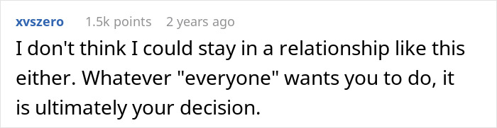 A comment from a user named xvszero reads, I don't think I could stay in a relationship like this either. Discusses divorce.