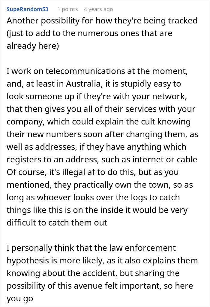 Detailed comment on telecom tracking and cult control in community