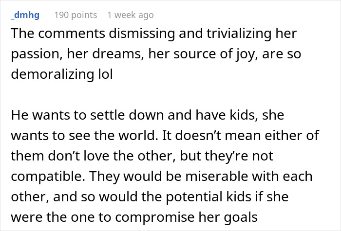 A comment on an article about a woman's dream trip, discussing the impossible choice she faced.