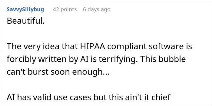 Comment criticizing AI writing HIPAA compliant software