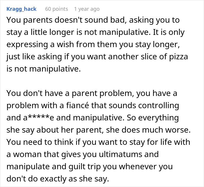 A text reply from Kragg_hack, suggesting the fianc&eacute; is manipulative rather than the guy's parents.