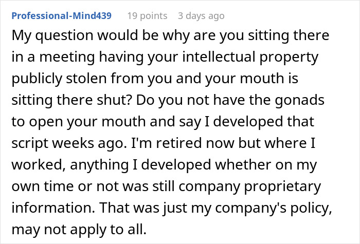 Comment discussing intellectual property and script ownership in engineering work