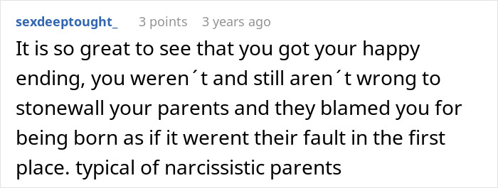 Comment expressing happiness for someone's happy ending despite narcissistic parents