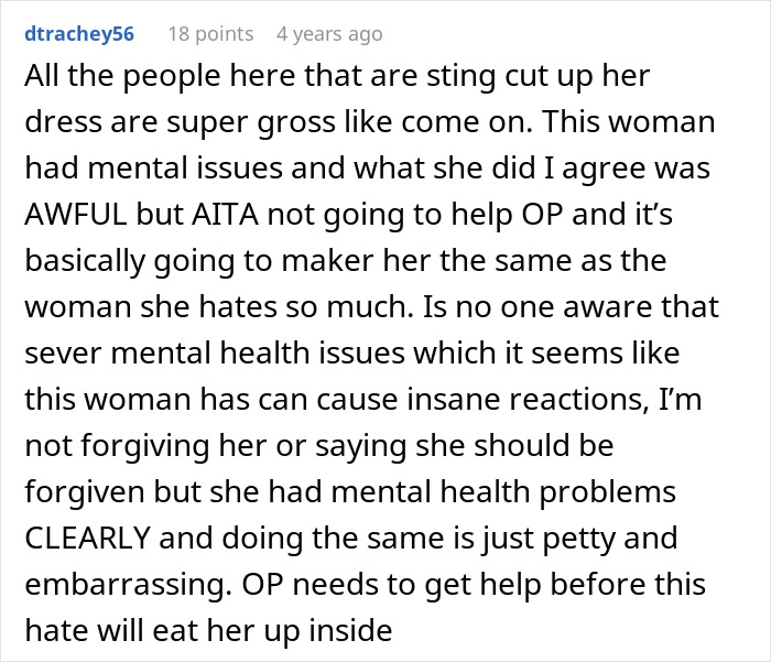 Reddit comment explaining mother's mental health and wedding dress incident