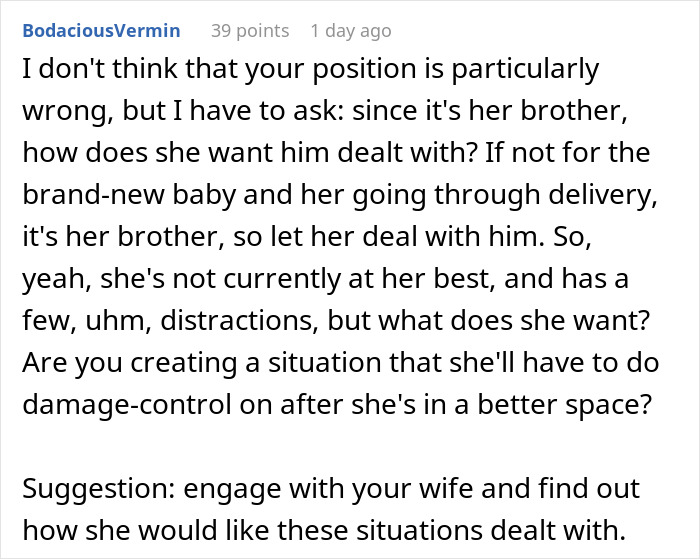 Comment discussing how wife wants to handle brother and newborn dynamics Comment discussing how wife wants to handle brother and newborn dynamics