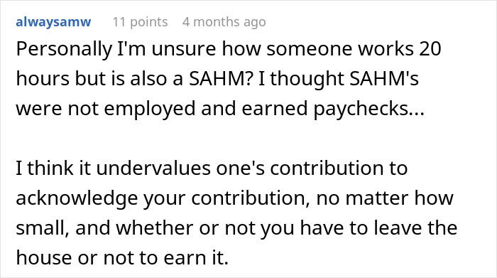 A Reddit comment questions the definition of a SAHM working 20 hours, relating to a wife's job.