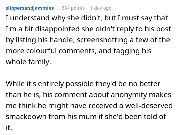 Comment discussing disappointment over no reply in cyberbullying and tagging family