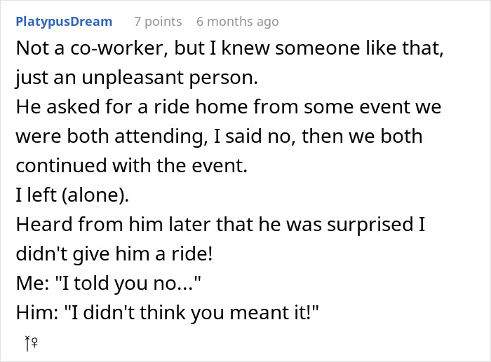 Reddit post about a user who inconveniently left someone unpleasant without a ride, evoking coworker from hell scenarios.