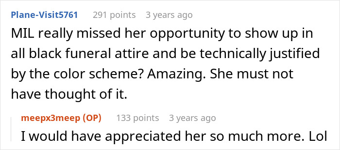 Comment discussing MIL missing chance to wear black funeral attire at wedding Comment discussing MIL missing chance to wear black funeral attire at wedding