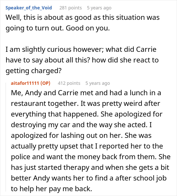 Comments on man pursuing legal action after teenage stepdaughter trashes expensive car
